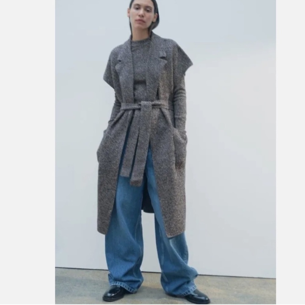 Zara Gray Sleeveless Belted Long Vest with Lapel